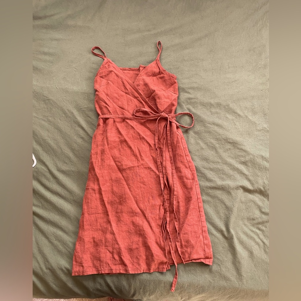Handmade linen wrap dress in terracotta color